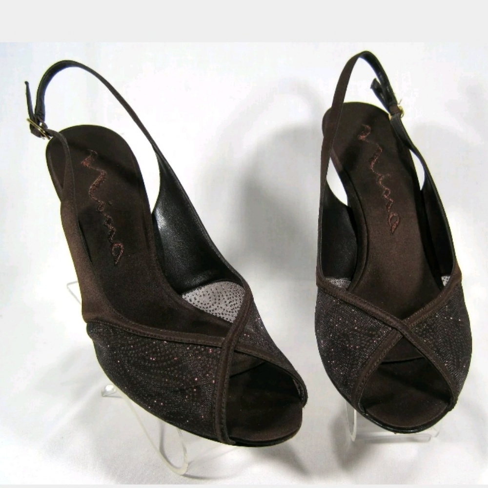Nina Women's Brown Satin Mesh Glitter Heels Sz:10M